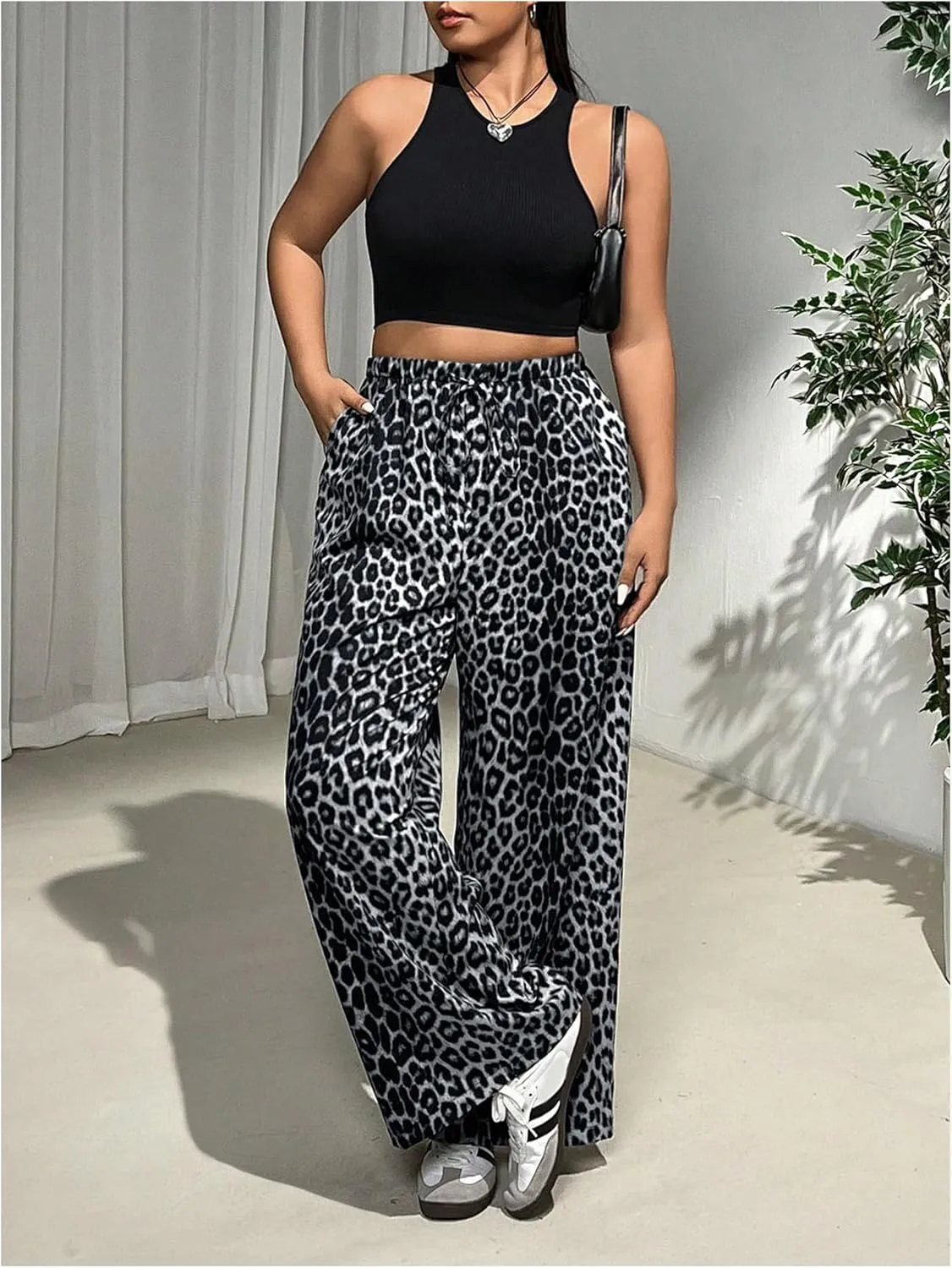 MakeMeChic Women's Plus Size Leopard Print Wide Leg Pants Casual Summer Drawstring Waist Trousers