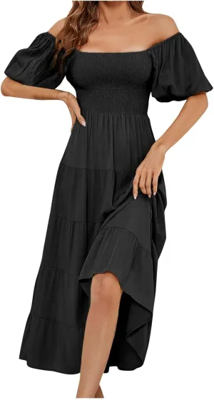 Maxi Dresses for Women 2024 Summer Boho Dress Sexy Off The Shoulder Dresses Flowy Long Sundress Vacation Dress, Small