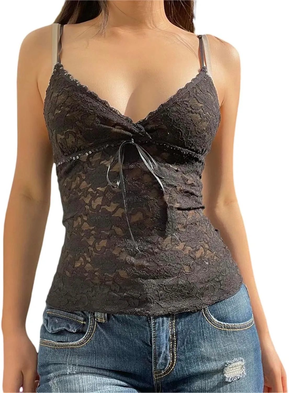 Meihuida Women Lace Top Y2k Going Out Trendy Sexy Mesh See Through Cami Tank Tops