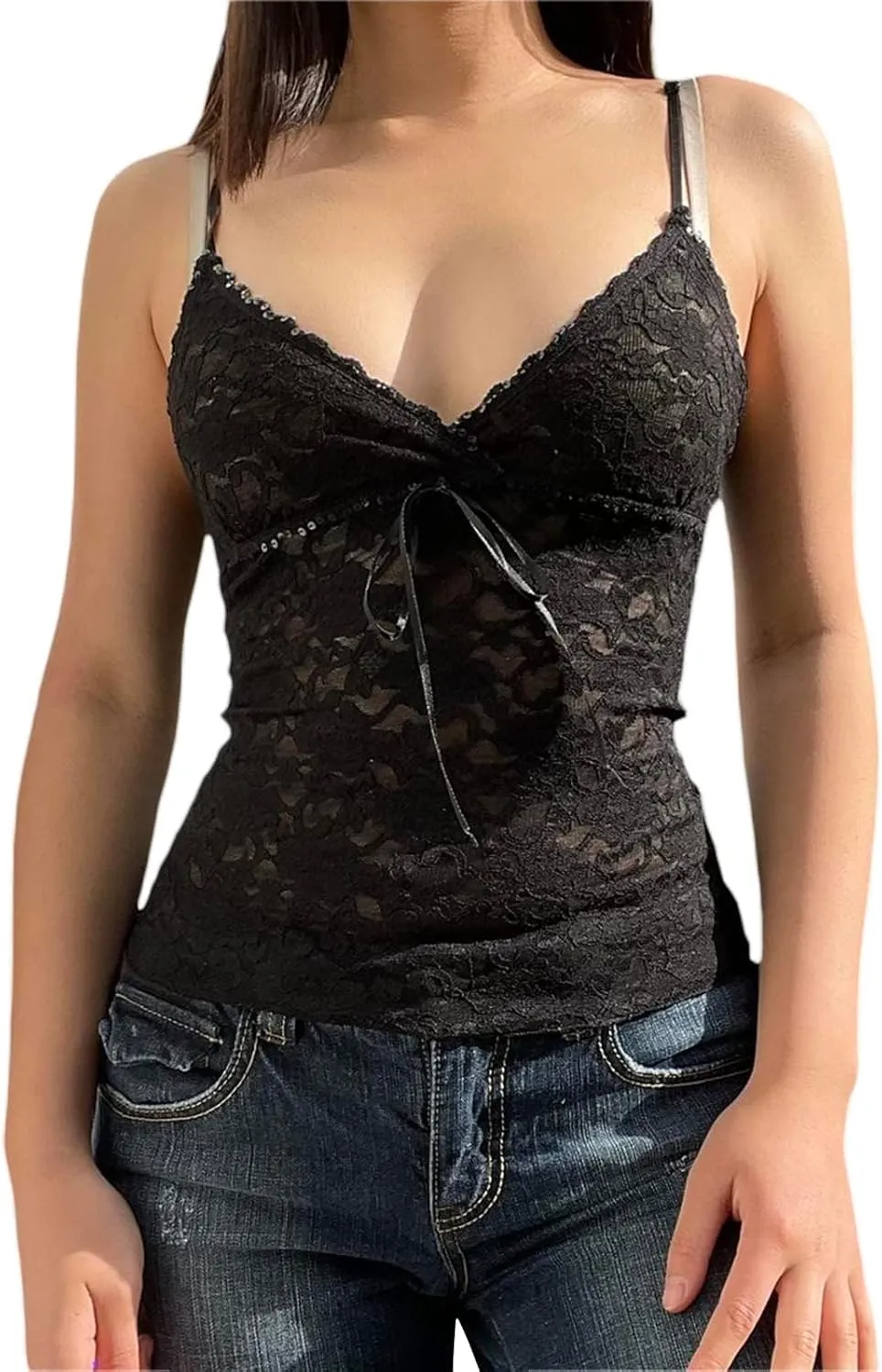 Meihuida Women Lace Top Y2k Going Out Trendy Sexy Mesh See Through Cami Tank Tops