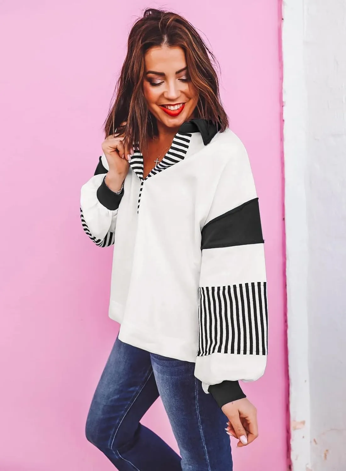 miduo Womens Loose Fit Striped Color Block Long Sleeve Sweatshirt Lapel Collared V Neck Pullover Shirts Tops