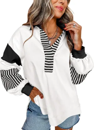 miduo Womens Loose Fit Striped Color Block Long Sleeve Sweatshirt Lapel Collared V Neck Pullover Shirts Tops