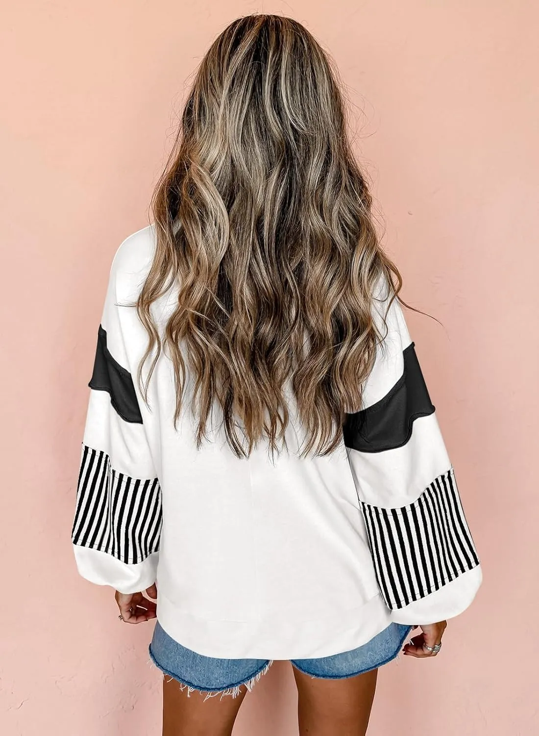 miduo Womens Loose Fit Striped Color Block Long Sleeve Sweatshirt Lapel Collared V Neck Pullover Shirts Tops
