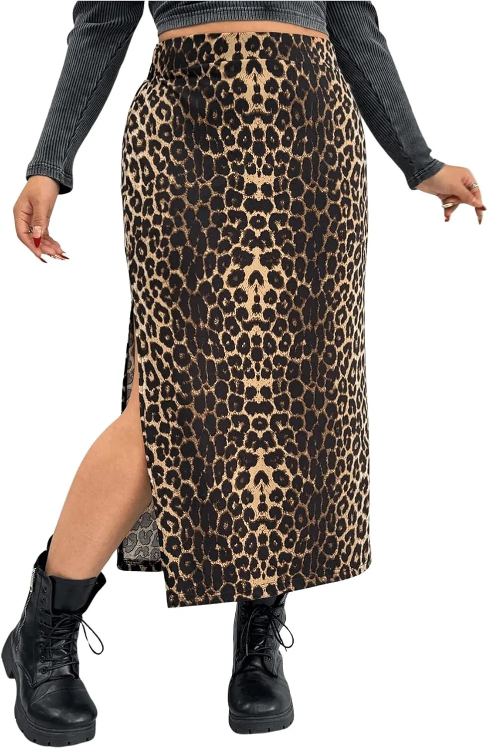 Milumia Women's Plus Size Leopard Print Split Side High Rise Bodycon Long Skirt