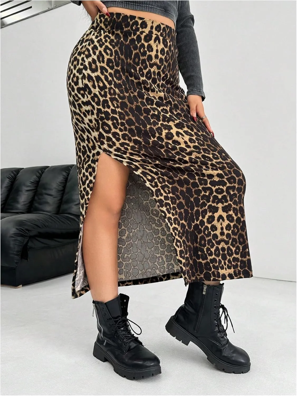 Milumia Women's Plus Size Leopard Print Split Side High Rise Bodycon Long Skirt
