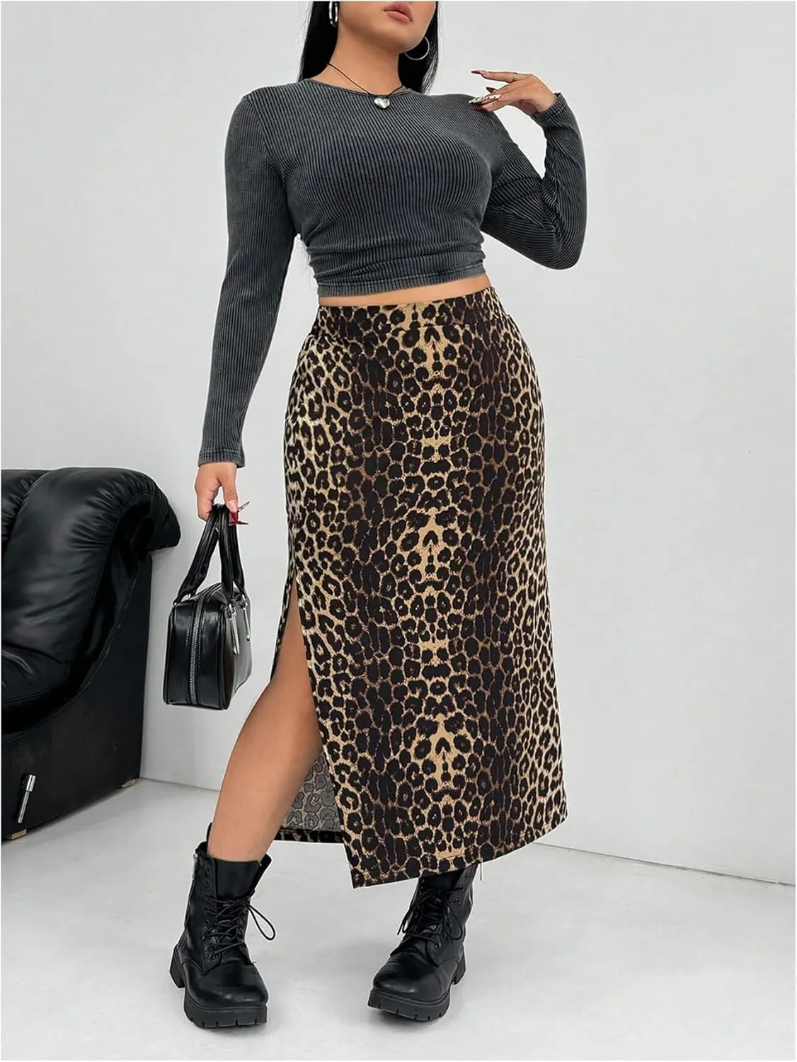 Milumia Women's Plus Size Leopard Print Split Side High Rise Bodycon Long Skirt
