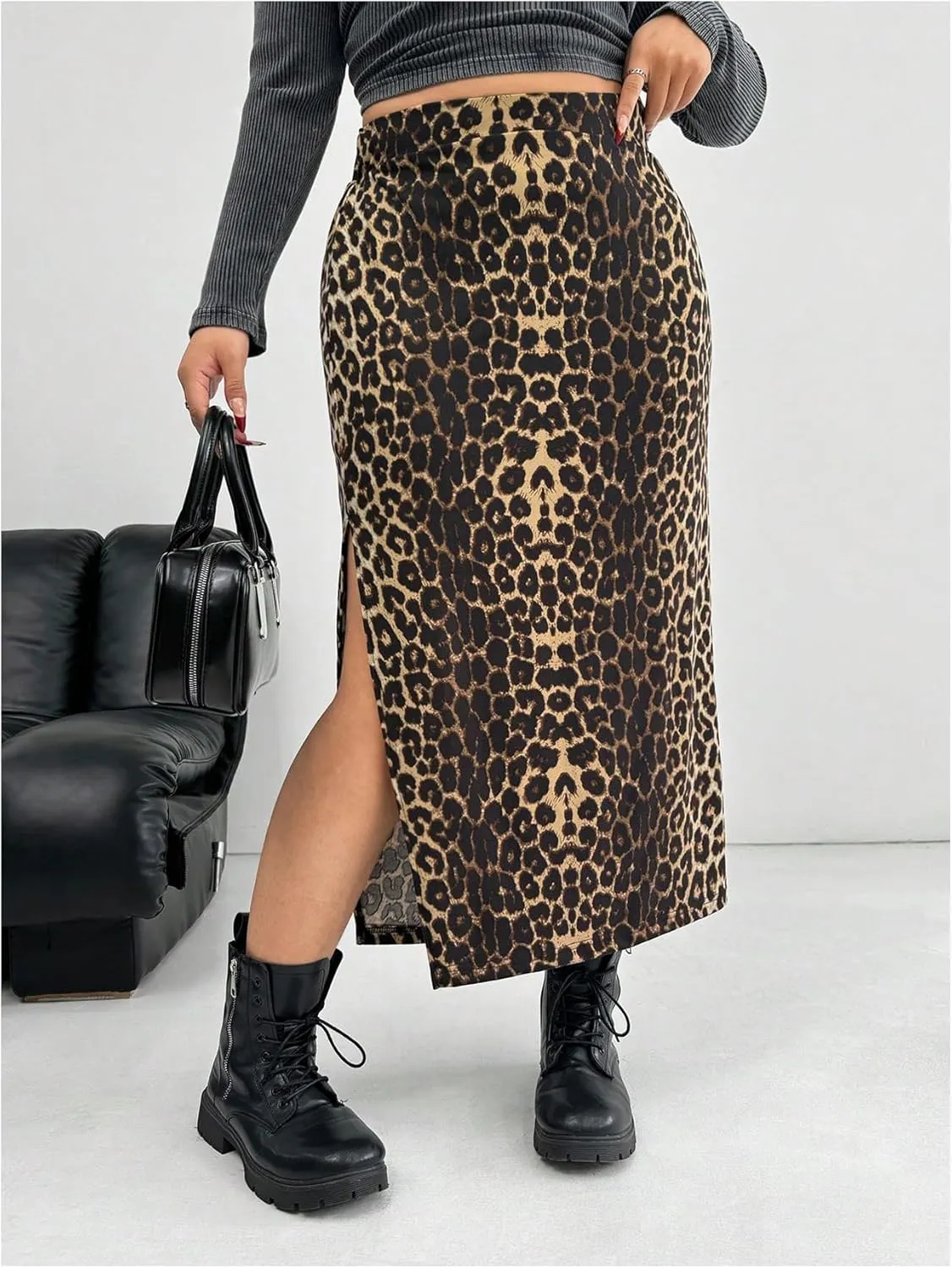 Milumia Women's Plus Size Leopard Print Split Side High Rise Bodycon Long Skirt