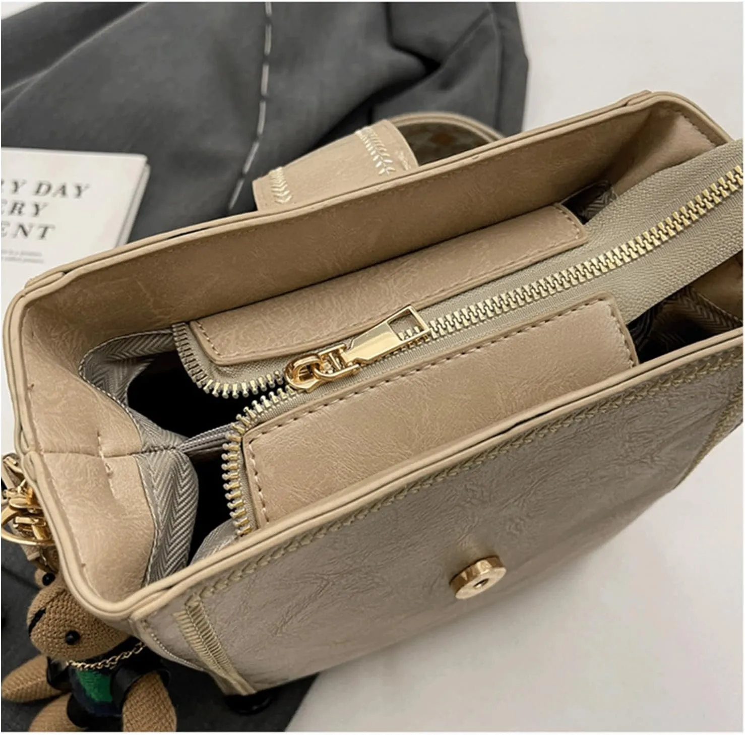 Mini Bucket Bag Vintage Style Bucket Purse Soft Leather Purse Bag with Cute Plush Charm Handbag for Women