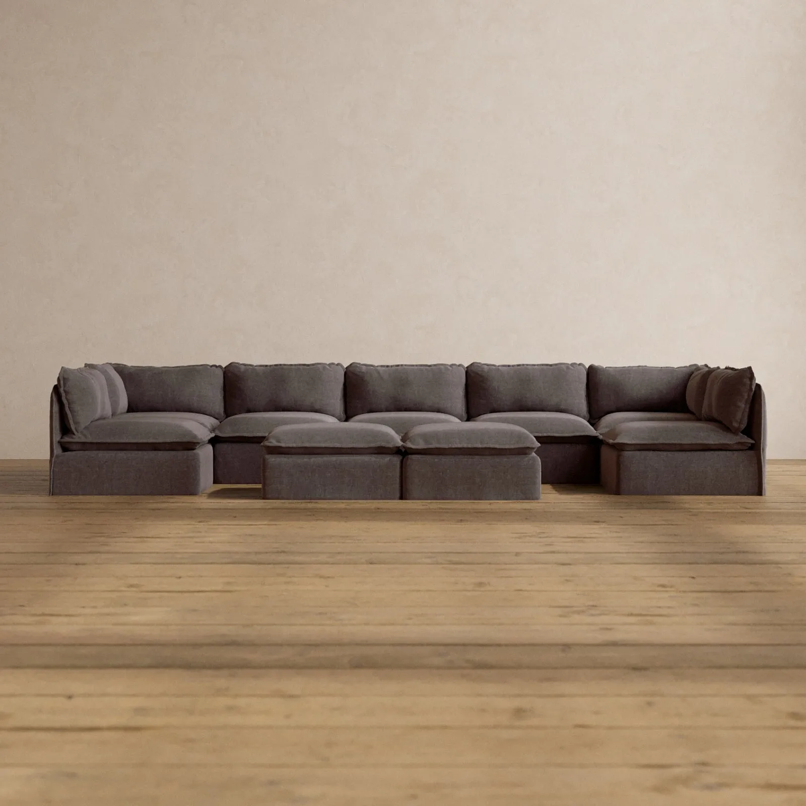 Modular Washable 7-Seater Open-Ends U-Sectional   Bench Ottoman in Caviar | Memorix  Seat | Cloud Pillow