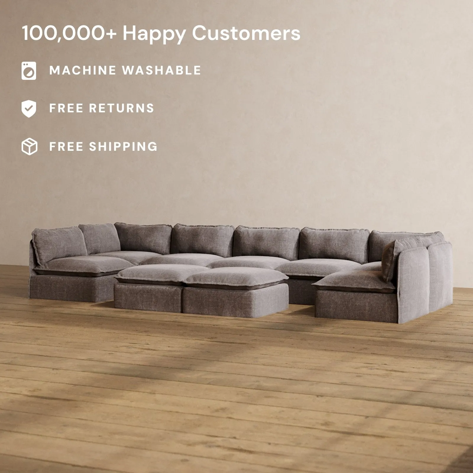 Modular Washable 7-Seater Open-Ends U-Sectional   Bench Ottoman in Caviar | Memorix  Seat | Cloud Pillow