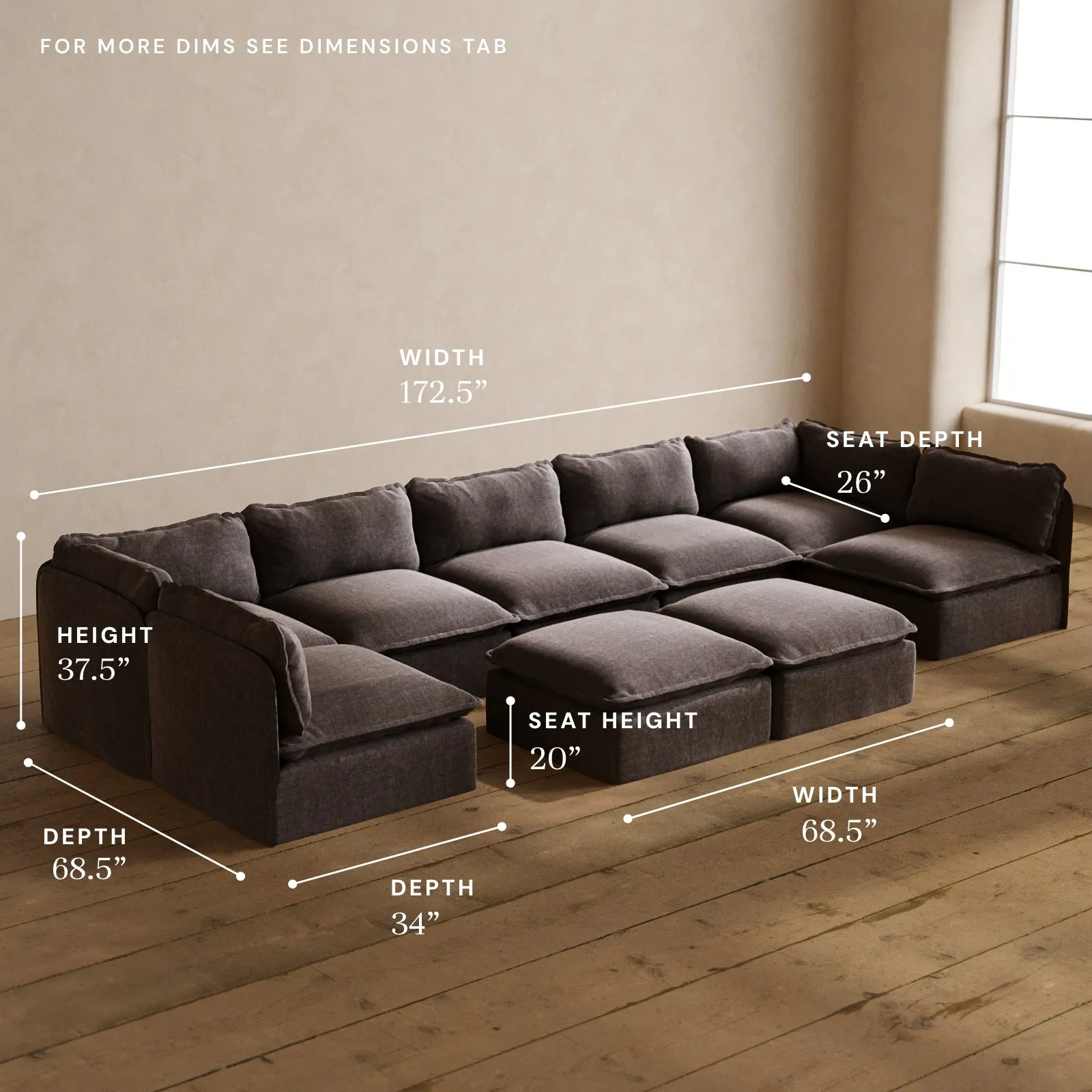 Modular Washable 7-Seater Open-Ends U-Sectional   Bench Ottoman in Caviar | Memorix  Seat | Cloud Pillow