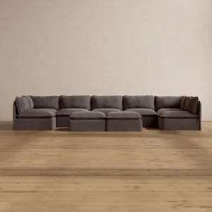 Modular Washable 7-Seater Open-Ends U-Sectional   Bench Ottoman in Caviar | Memorix  Seat | Cloud Pillow