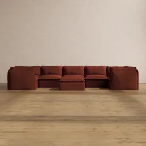 Modular Washable 7-Seater U-Sectional   Ottoman in Rust | Deluxe  Seat | Cloud Pillow
