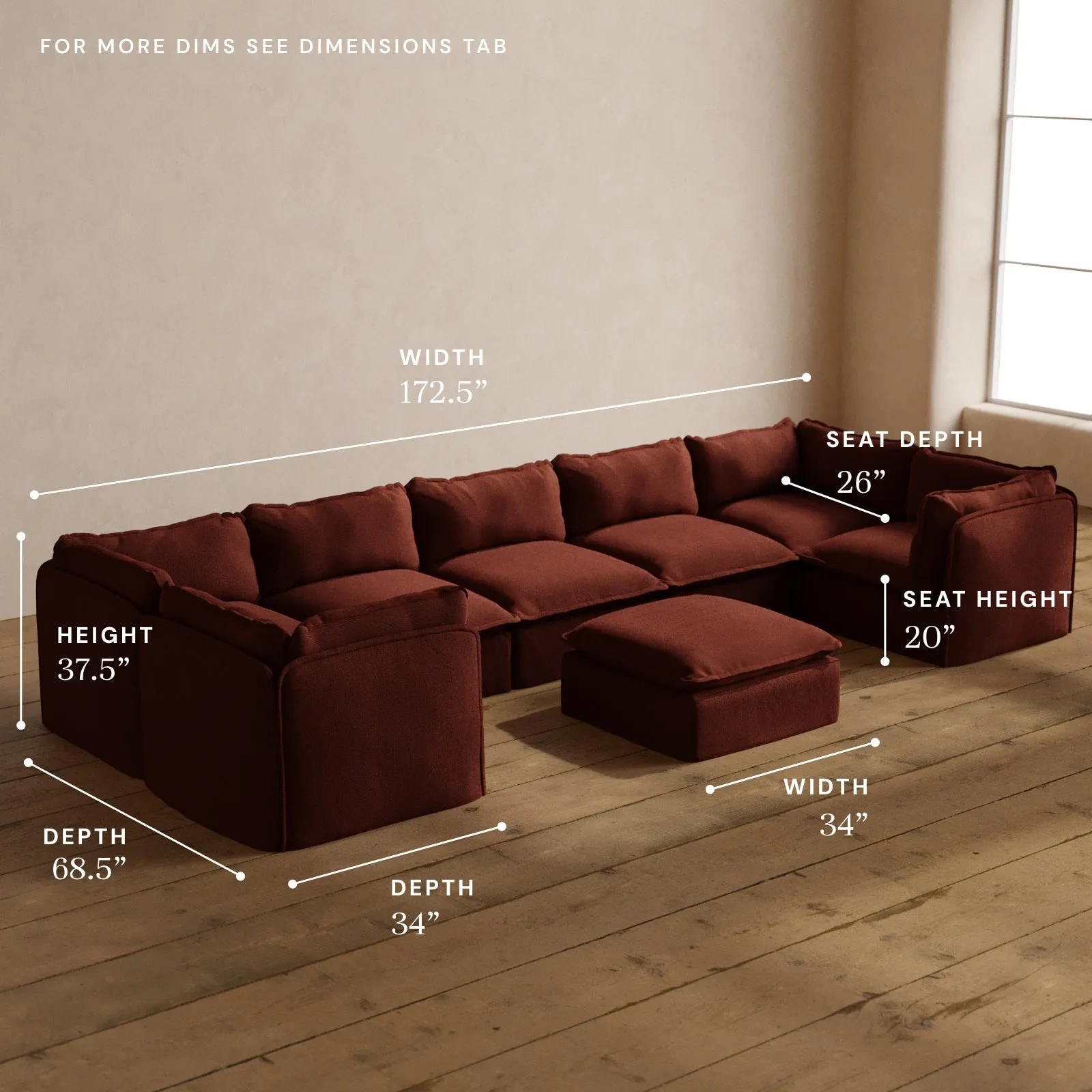 Modular Washable 7-Seater U-Sectional   Ottoman in Rust | Deluxe  Seat | Cloud Pillow