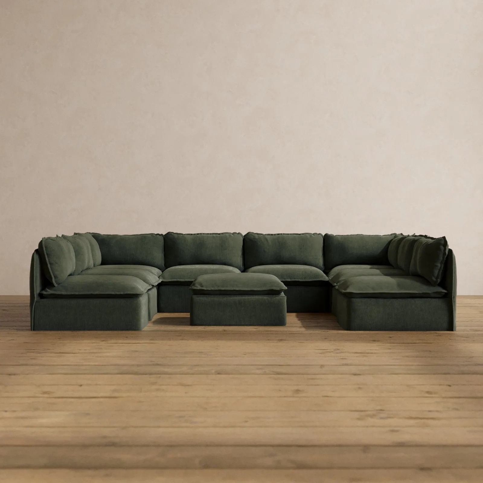 Modular Washable 8-Seater Open-Ends U-Sectional   Ottoman in Olivine | Memorix  Seat | Cloud Pillow