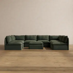 Modular Washable 8-Seater Open-Ends U-Sectional   Ottoman in Olivine | Memorix  Seat | Cloud Pillow