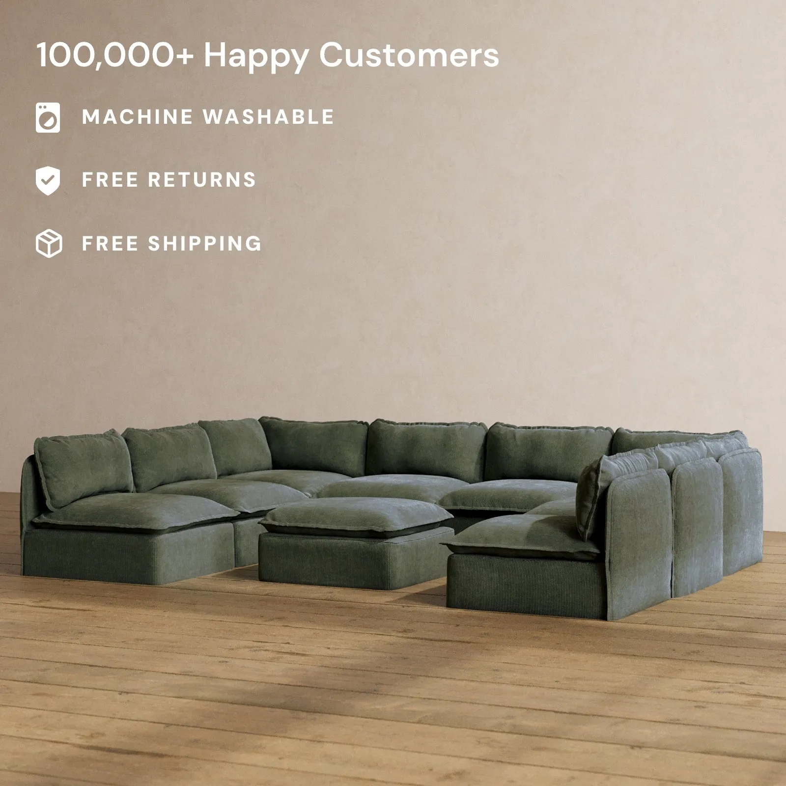 Modular Washable 8-Seater Open-Ends U-Sectional   Ottoman in Olivine | Memorix  Seat | Cloud Pillow