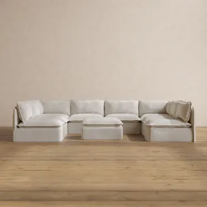 Modular Washable 8-Seater Open-Ends U-Sectional   Ottoman in Powder | Deluxe  Seat | Cloud Pillow