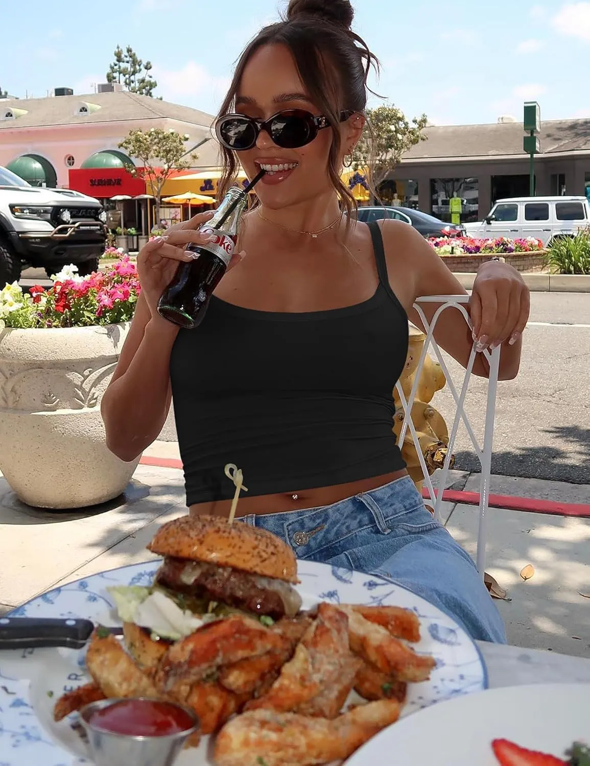Mokoru Women Sexy Spaghetti Strap Square Neck Tank Top Basic Sleeveless Going Out Camisole Crop Tops