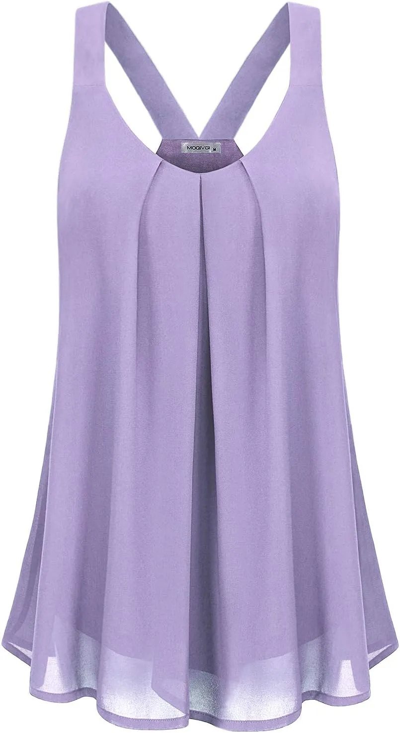 MOQIVGI Womens Dressy Casual Summer Flowy V Neck Double Layer Chiffon Tank Tops