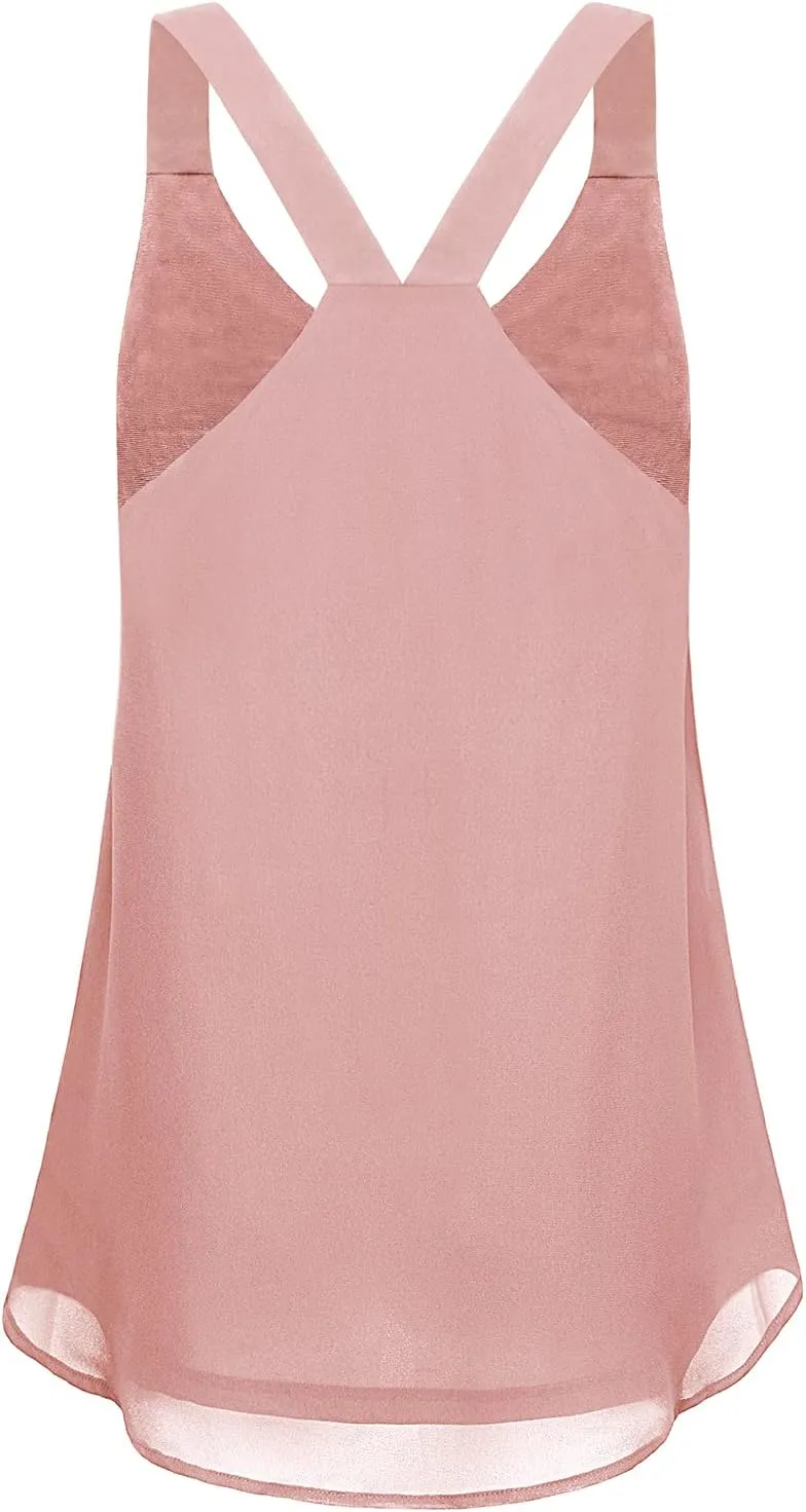 MOQIVGI Womens Dressy Casual Summer Flowy V Neck Double Layer Chiffon Tank Tops