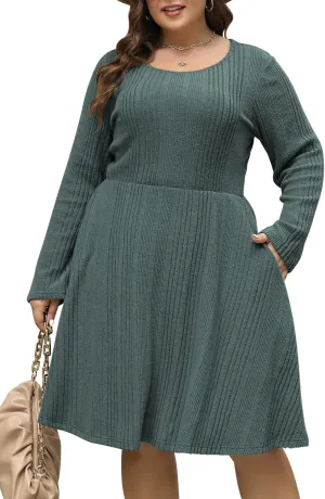 Nemidor Womens Plus Size Scooped Neck Long Sleeve Ribbed Midi Swing Dress with Pocket NEM543