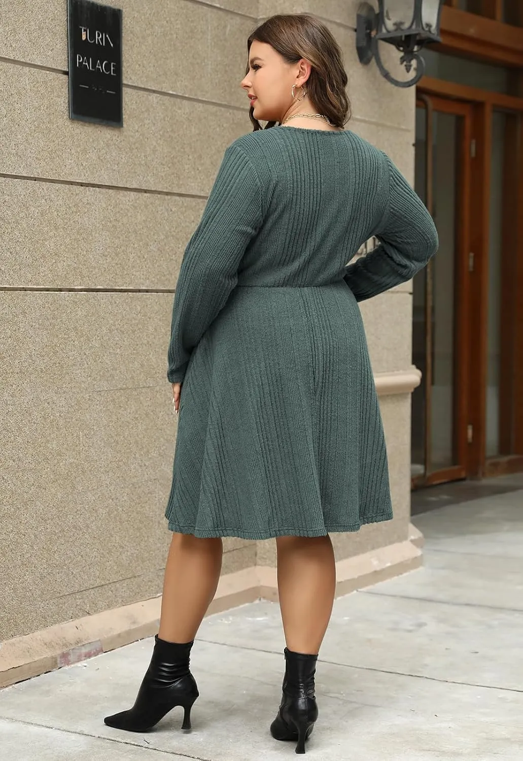 Nemidor Womens Plus Size Scooped Neck Long Sleeve Ribbed Midi Swing Dress with Pocket NEM543