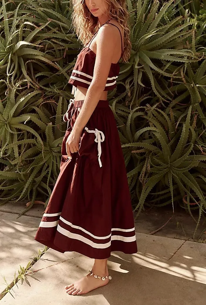 NUFIWI Women Trendy Skirt Set Sleeveless Tie Front Cami Top Elastic Waist Parachute Long Skirt with Pockets Streetwear