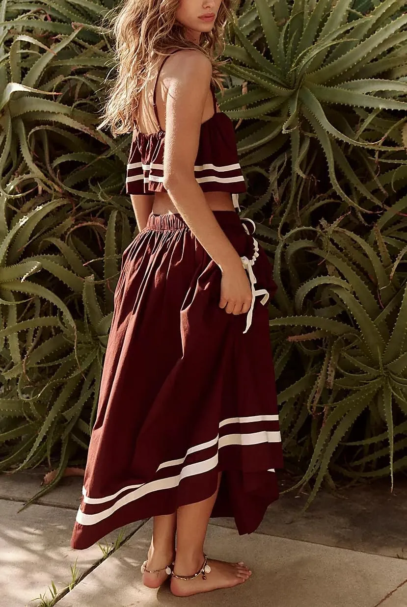 NUFIWI Women Trendy Skirt Set Sleeveless Tie Front Cami Top Elastic Waist Parachute Long Skirt with Pockets Streetwear