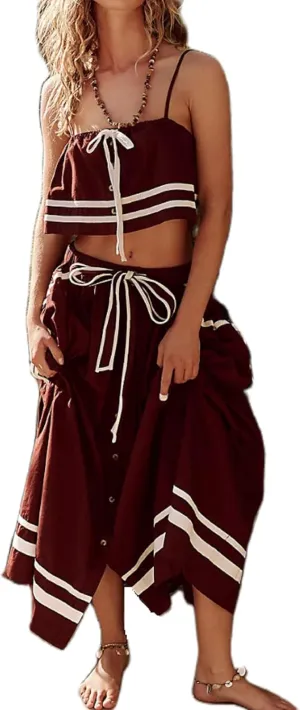 NUFIWI Women Trendy Skirt Set Sleeveless Tie Front Cami Top Elastic Waist Parachute Long Skirt with Pockets Streetwear