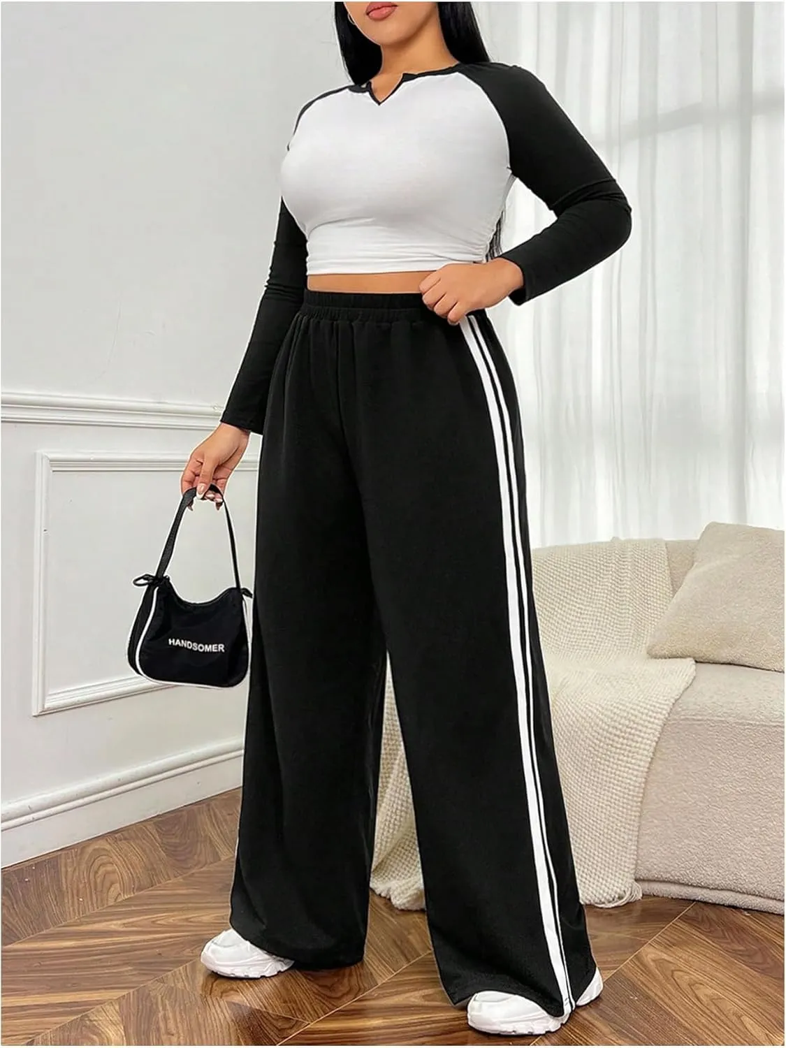 OYOANGLE Women's Plus Size Side Striped Sweatpants Elastic High Waist Wide Leg Trousers Streetwear