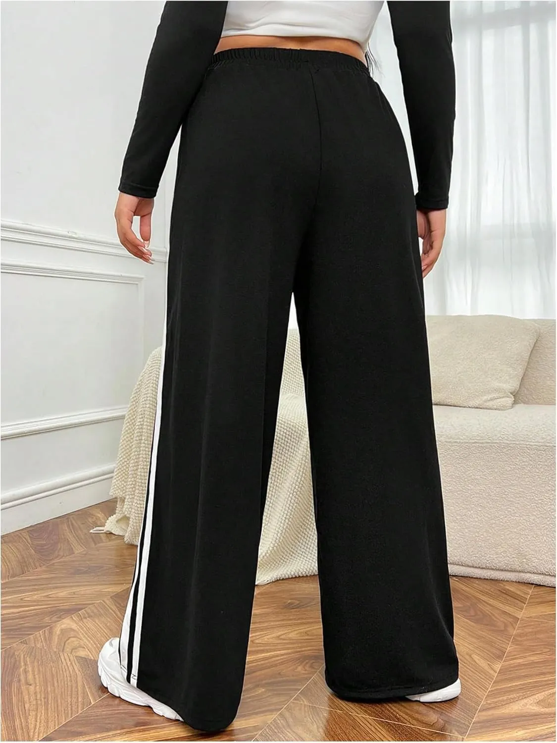 OYOANGLE Women's Plus Size Side Striped Sweatpants Elastic High Waist Wide Leg Trousers Streetwear