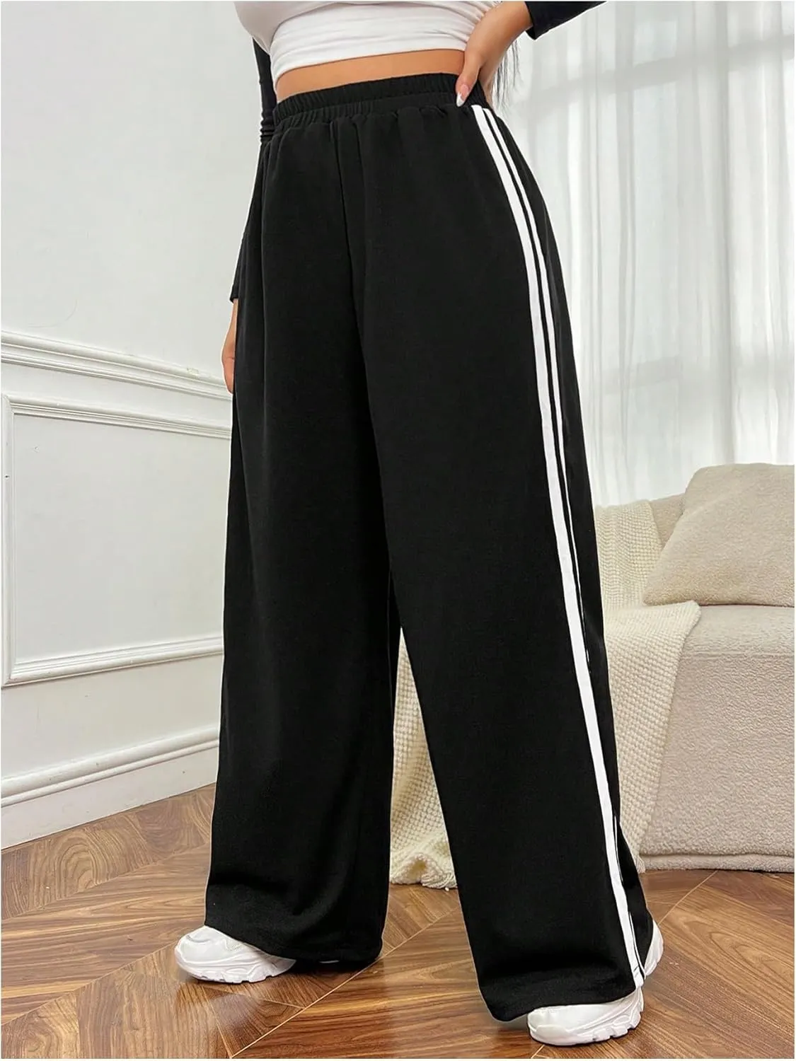 OYOANGLE Women's Plus Size Side Striped Sweatpants Elastic High Waist Wide Leg Trousers Streetwear