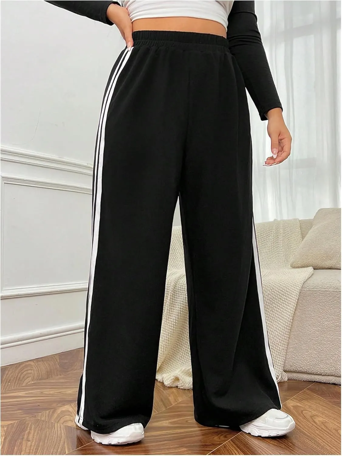 OYOANGLE Women's Plus Size Side Striped Sweatpants Elastic High Waist Wide Leg Trousers Streetwear