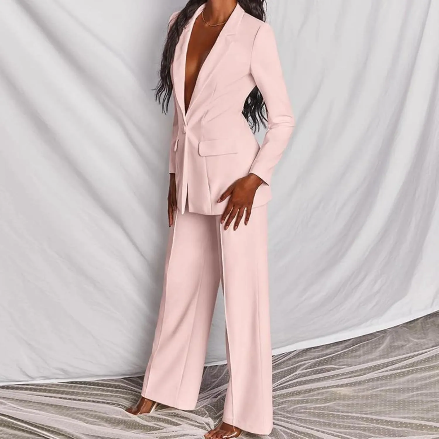 Pants Suits for Women Dressy 2 Piece Business Casual Long Sleeve Open Front Blazer Pant Suit Set Wedding Prom Work