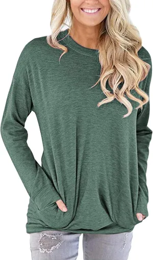 PLOKNRD Women Casual Round Neck Long Sleeve Fit Tunic Top Baggy Comfy Blouse with Pockets