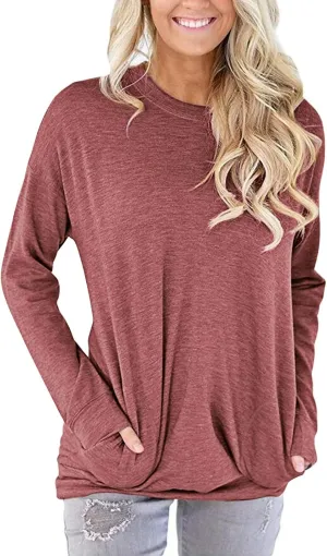PLOKNRD Women Casual Round Neck Long Sleeve Fit Tunic Top Baggy Comfy Blouse with Pockets