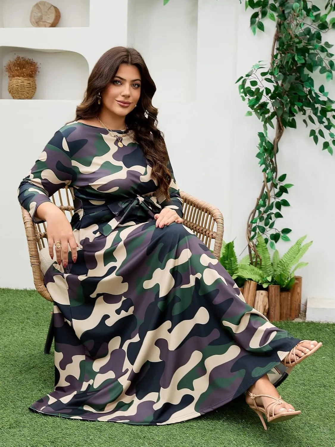 Plus Size Dress for Curvy Women Stretch Self Tie A-Line Maxi Dress with Pockets Swing Long Outfit
