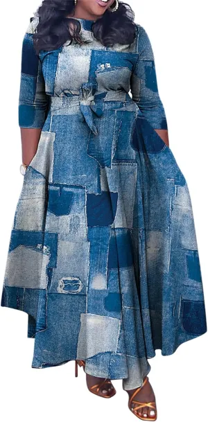 Plus Size Dress for Curvy Women Stretch Self Tie A-Line Maxi Dress with Pockets Swing Long Outfit