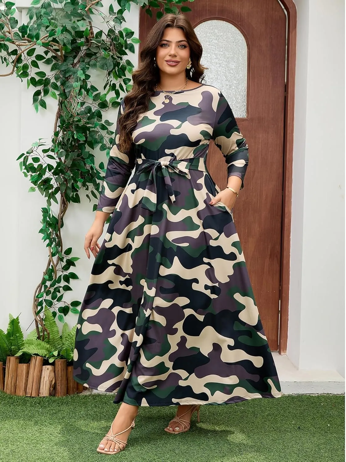 Plus Size Dress for Curvy Women Stretch Self Tie A-Line Maxi Dress with Pockets Swing Long Outfit
