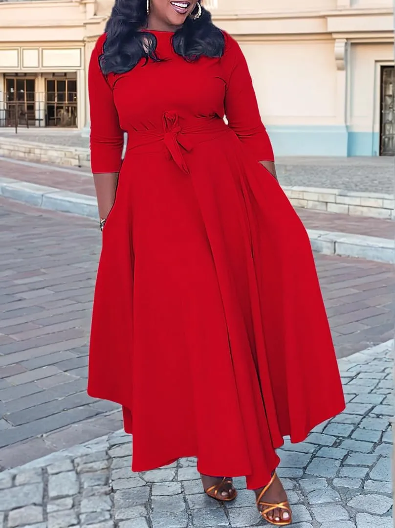 Plus Size Dress for Curvy Women Stretch Self Tie A-Line Maxi Dress with Pockets Swing Long Outfit