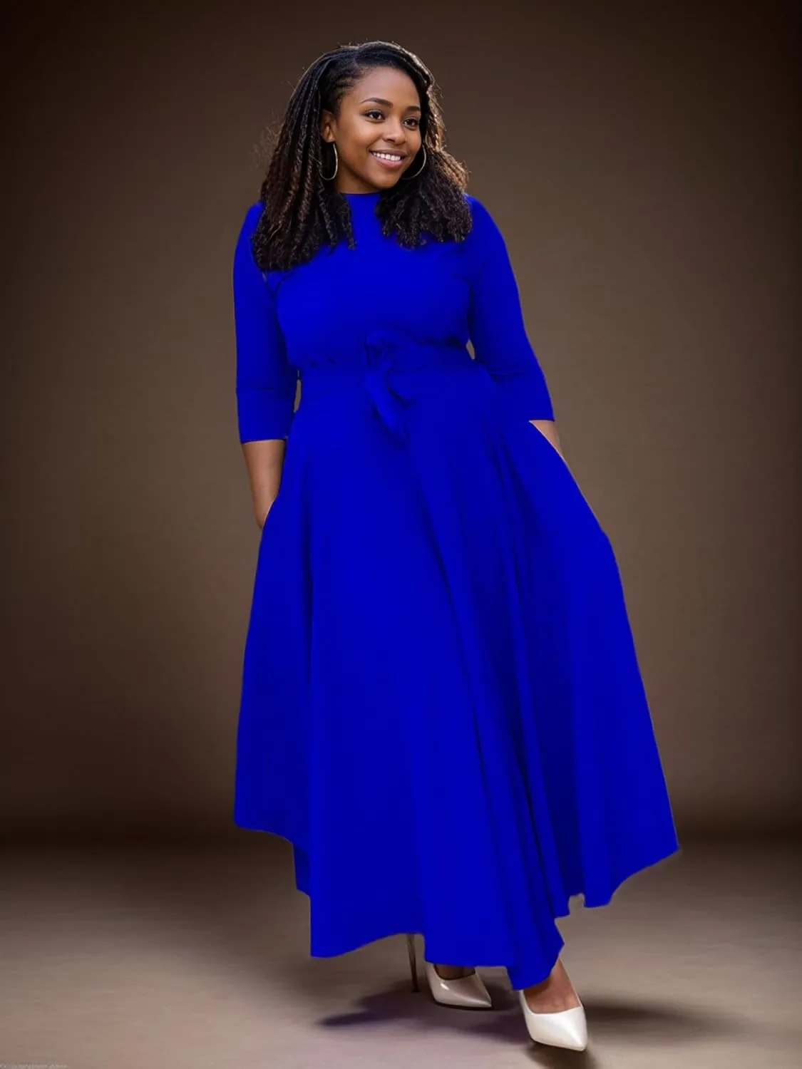 Plus Size Dress for Curvy Women Stretch Self Tie A-Line Maxi Dress with Pockets Swing Long Outfit
