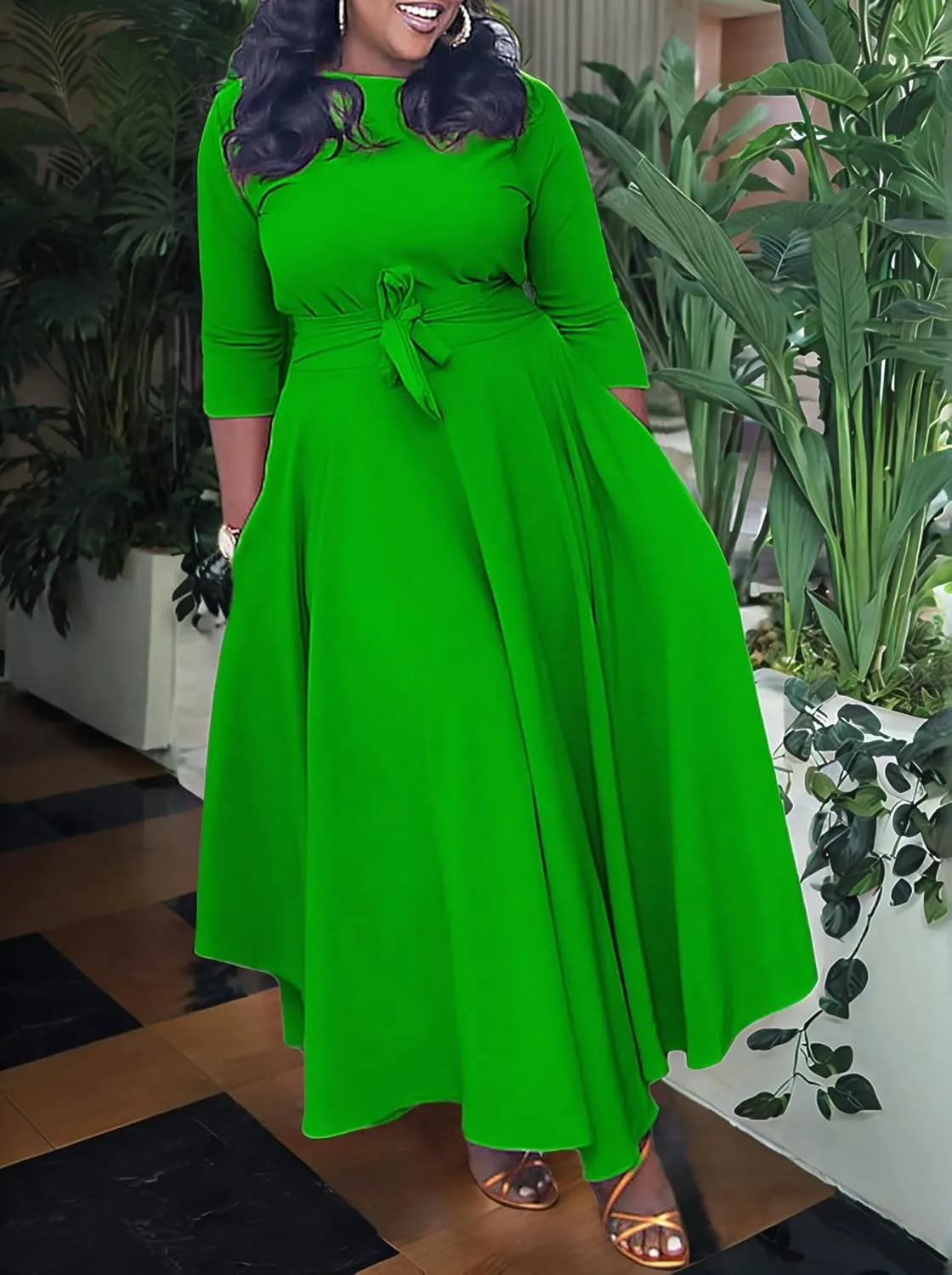 Plus Size Dress for Curvy Women Stretch Self Tie A-Line Maxi Dress with Pockets Swing Long Outfit