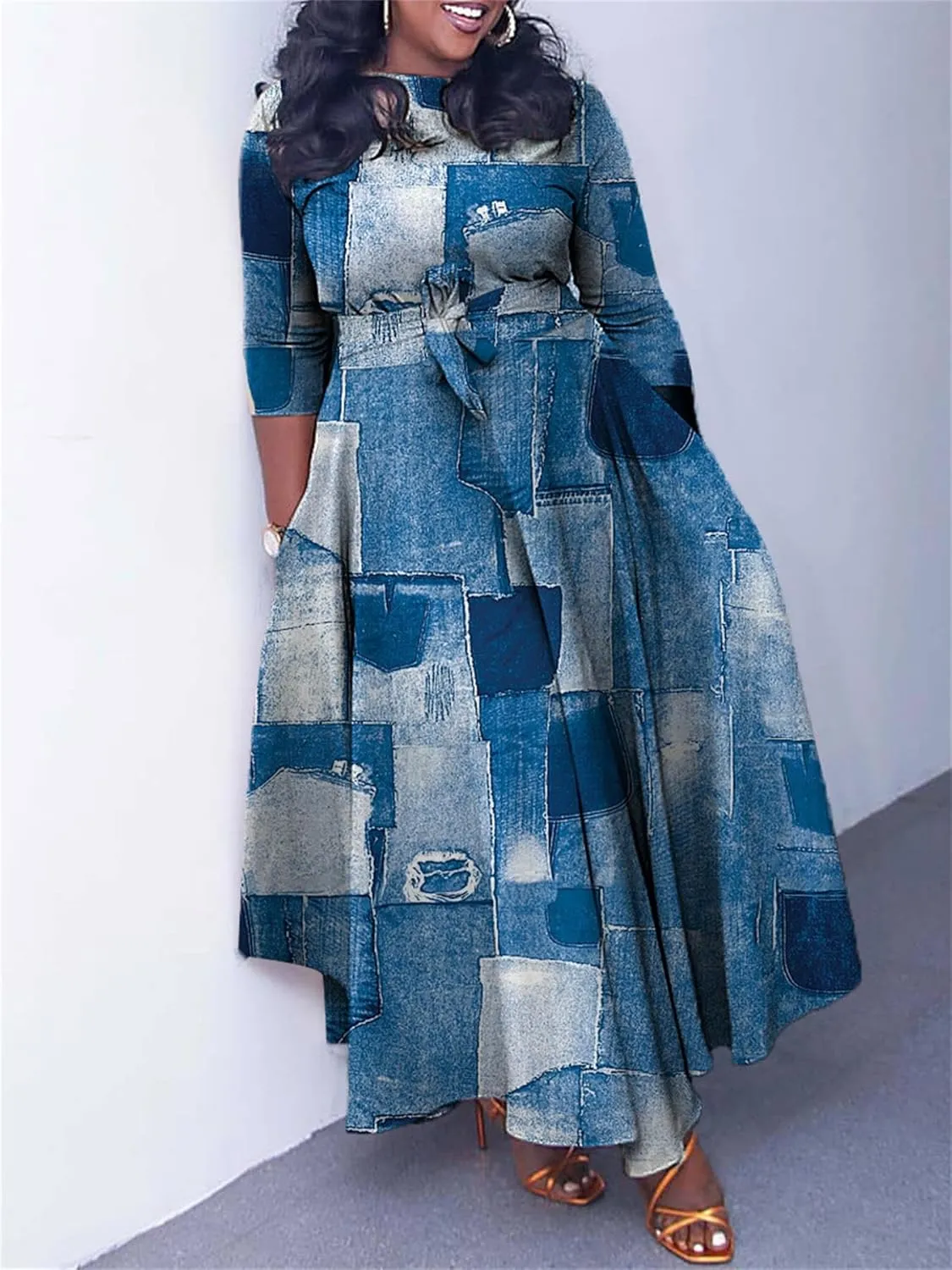 Plus Size Dress for Curvy Women Stretch Self Tie A-Line Maxi Dress with Pockets Swing Long Outfit
