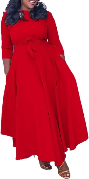 Plus Size Dress for Curvy Women Stretch Self Tie A-Line Maxi Dress with Pockets Swing Long Outfit