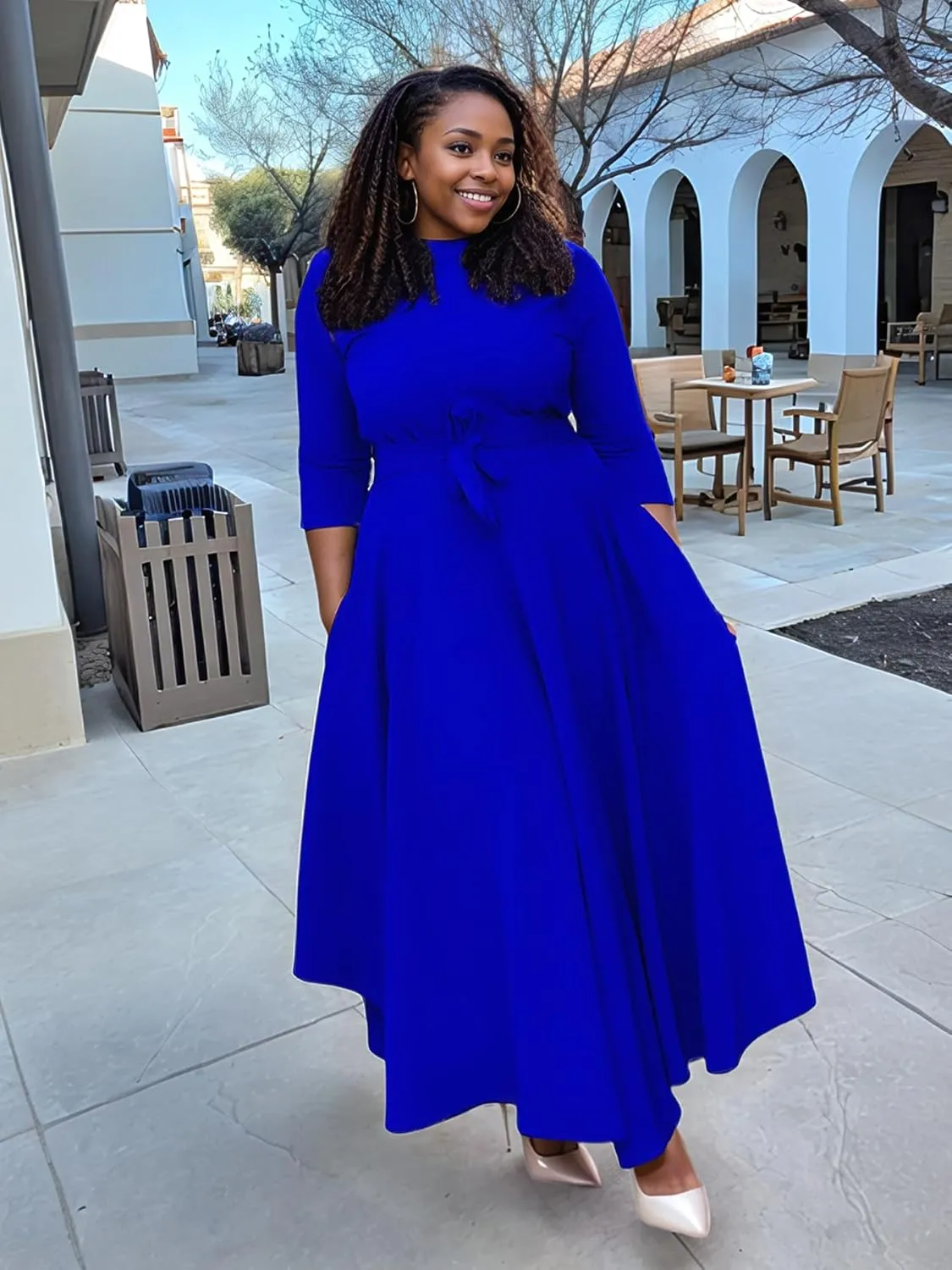 Plus Size Dress for Curvy Women Stretch Self Tie A-Line Maxi Dress with Pockets Swing Long Outfit