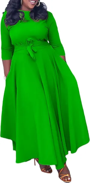 Plus Size Dress for Curvy Women Stretch Self Tie A-Line Maxi Dress with Pockets Swing Long Outfit