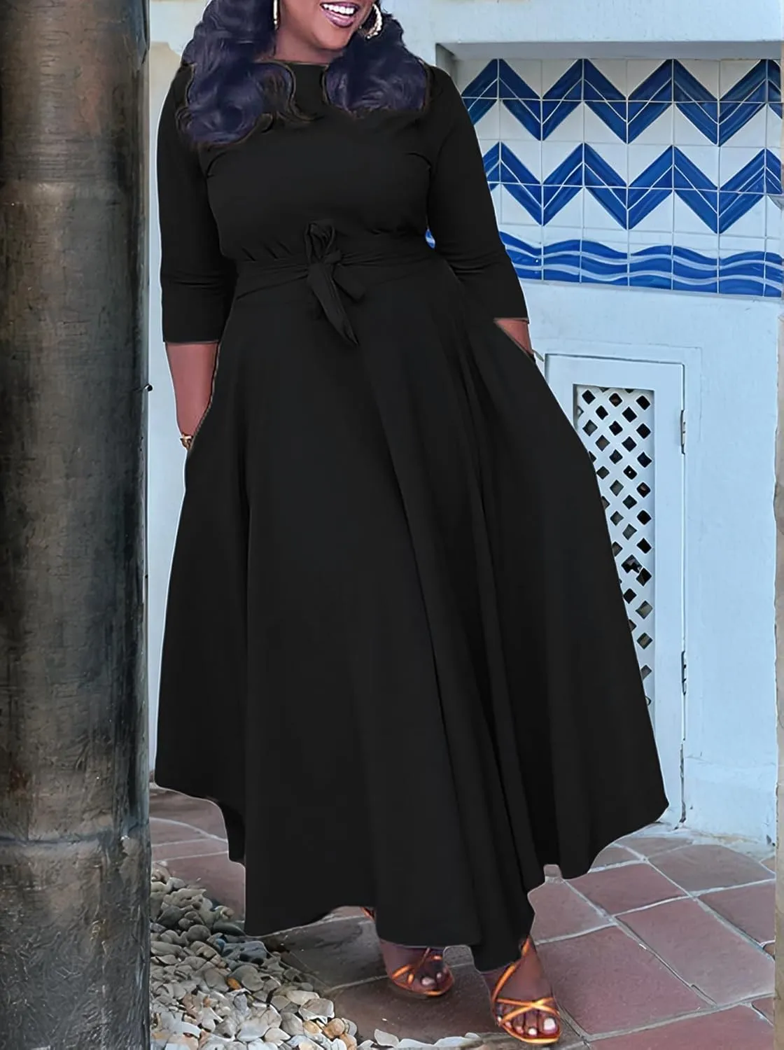 Plus Size Dress for Curvy Women Stretch Self Tie A-Line Maxi Dress with Pockets Swing Long Outfit