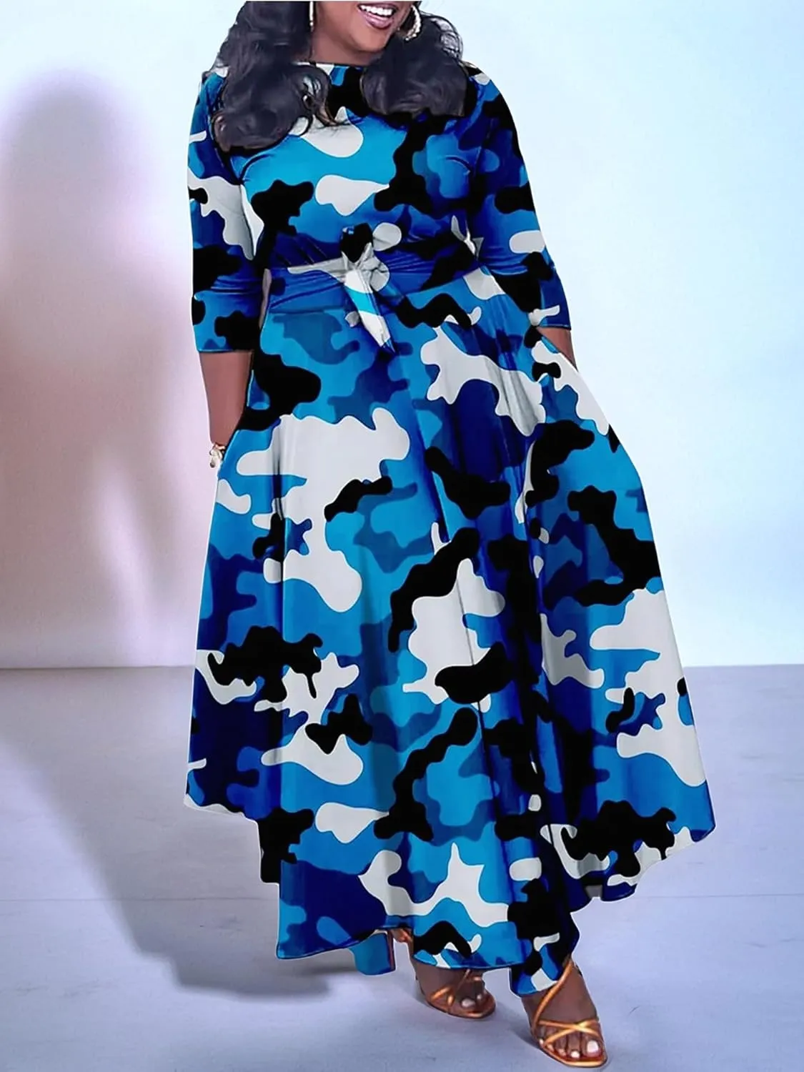 Plus Size Dress for Curvy Women Stretch Self Tie A-Line Maxi Dress with Pockets Swing Long Outfit