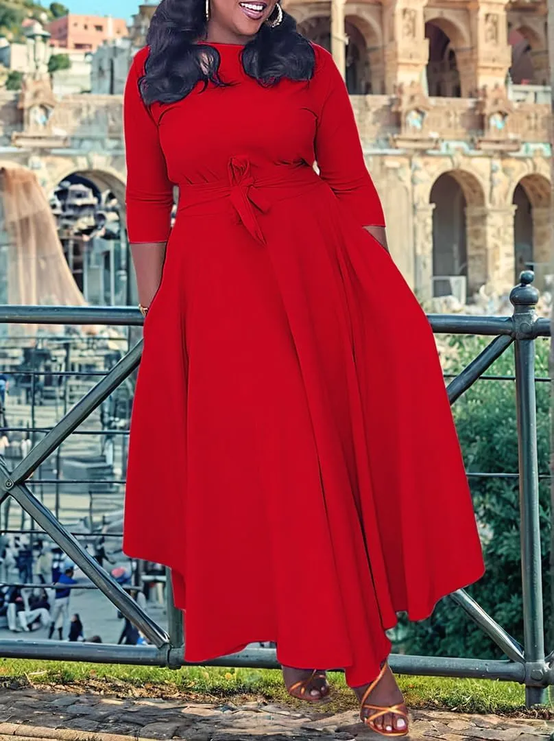 Plus Size Dress for Curvy Women Stretch Self Tie A-Line Maxi Dress with Pockets Swing Long Outfit